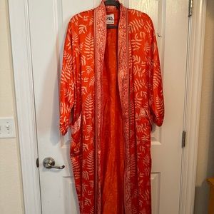 Zara orange and beige printed Kimono with a tie belt.
